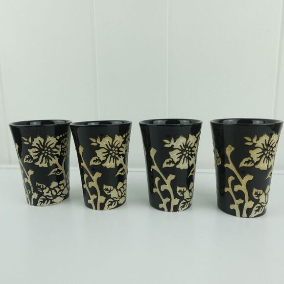 Asian Black and Beige 5pc Ceramic Tea Set Floral Design Bamboo Handle - Picture 11 of 14